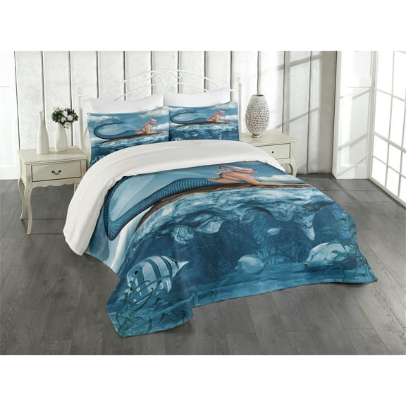 Ambesonne Mermaid Quilted Coverlet 3 Pcs, Mythical Sea Graphic, King Size, Navy Blue White