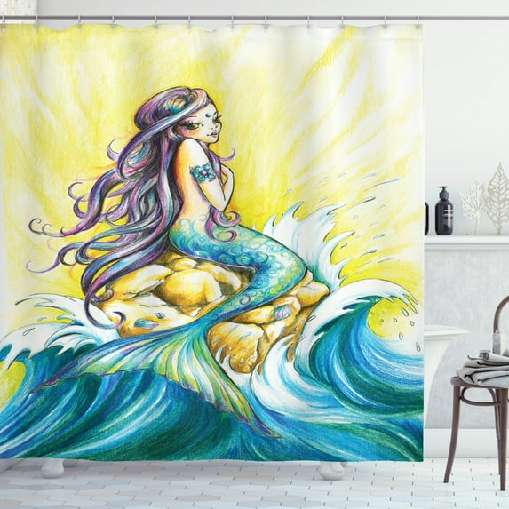 Ambesonne Mermaid Shower Curtain, Fantasy Woman on Rock, 69"Wx84"L, Yellow Blue Purple