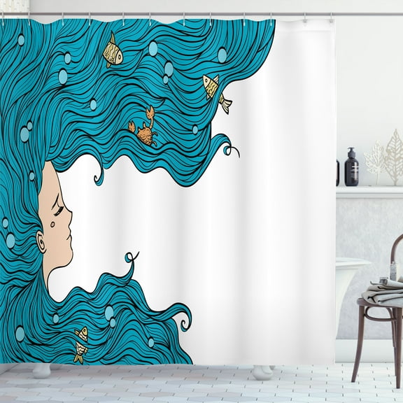 Ambesonne Mermaid Shower Curtain, Girl Oceanic Hairstyle, 69"Wx75"L, Petrol Blue White