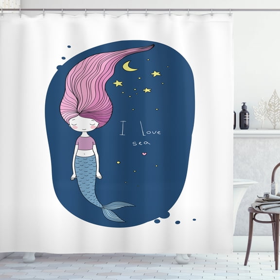 Ambesonne Mermaid Shower Curtain, I Love Sea Cartoon Girl, 69"Wx70"L, Blue Pink Yellow