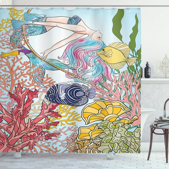 Ambesonne Mermaid Shower Curtain, Sketchy Sea Coral Reefs, 69"Wx75"L, Multicolor