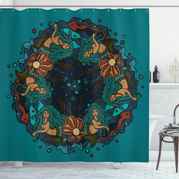 Ambesonne Mermaid Shower Curtain, Vintage Marine Theme, 69"Wx84"L, Teal Red Cream