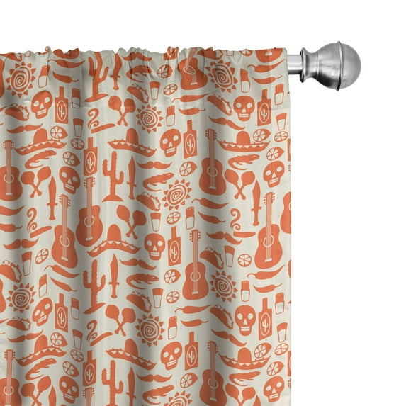 Ambesonne Mexican Window Curtains, Sombrero Skulls Culture, Each 28" W x 63" L, Cream Orange