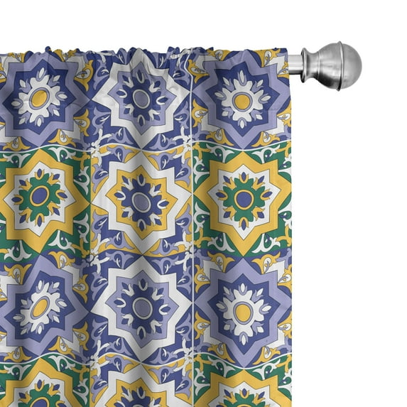 Ambesonne Mexican Curtains, Geometric Flora Pattern Art, Pair of 28"x95", Lavender Blue and Marigold
