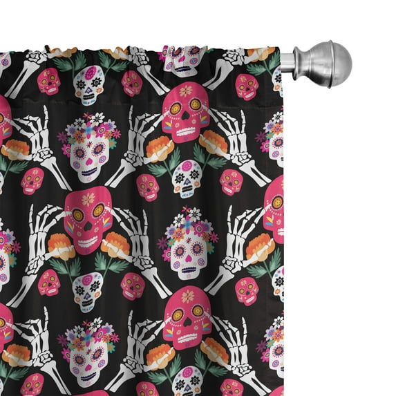 Ambesonne Mexican Curtains, Sugar Skulls Flowers Hands, Pair of 28"x84", Pink Jade Green and Apricot