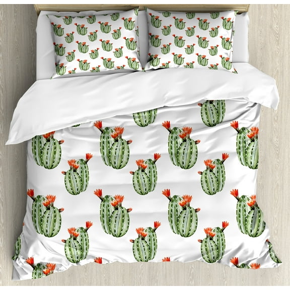 Ambesonne Mexican Duvet Cover Set, Cactus Plant Desert, 2-Calking, Green and Orange