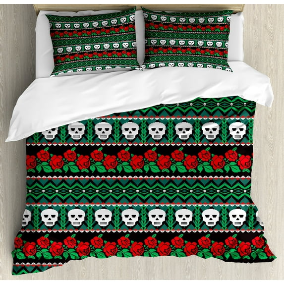 Ambesonne Mexican Duvet Cover Set, Folk Art Skulls Roses, 2-Calking, Green White Red