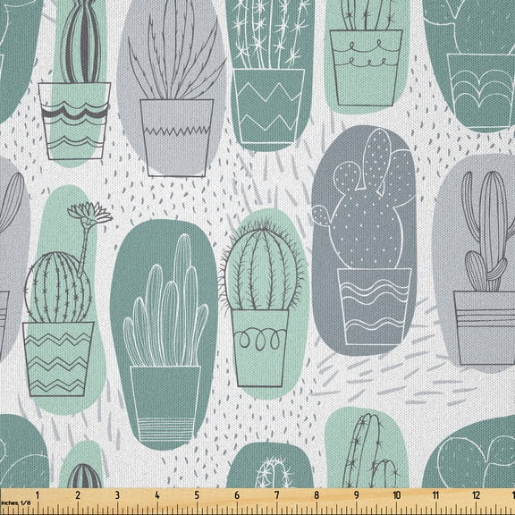 Ambesonne Mexican Fabric by the Yard Microfiber, Cactus Dots Lines Boho Art, 2 Yards, Seafoam Pale Purpleblue