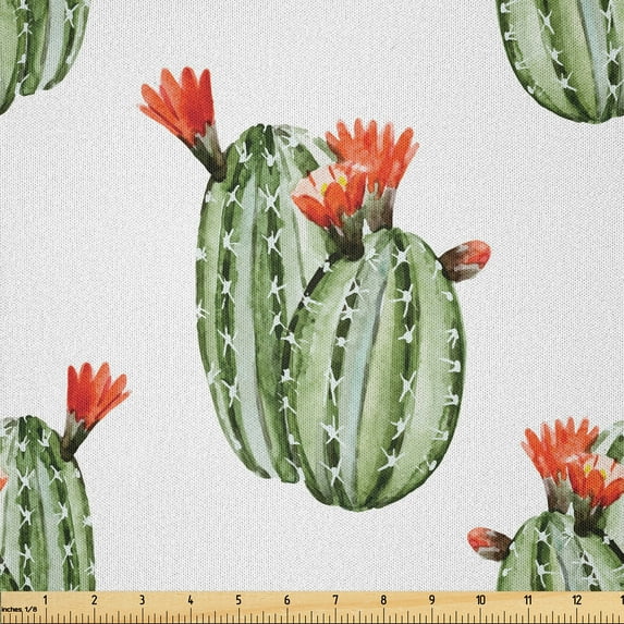 Ambesonne Mexican Fabric by the Yard Microfiber, Cactus Plant Desert, 1 Yard, Green and Orange