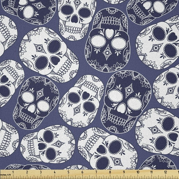 Ambesonne Mexican Fabric by the Yard Microfiber, Sugar Skull, 10 Yards, Blue Violet White