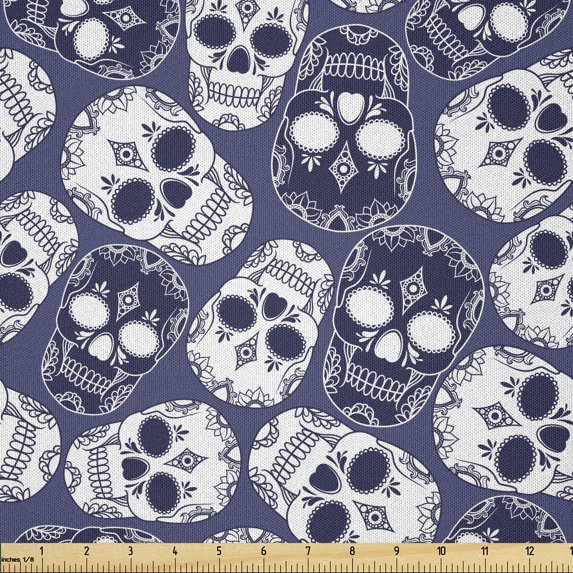 Ambesonne Mexican Fabric by the Yard Microfiber, Sugar Skull, 5 Yards, Blue Violet White