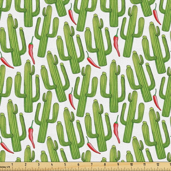 Ambesonne Mexican Fabric by the Yard Upholstery, Cacti and Chili Peppers, 1 Yard, Apple Green Dark Coral