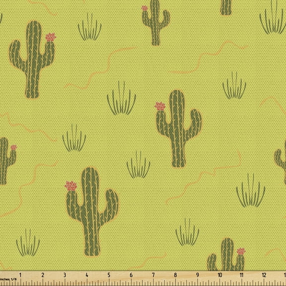 Ambesonne Mexican Fabric by the Yard Upholstery, Cactus Flowers Vintage Art, 3 Yards, Yellow Green Earth Yellow