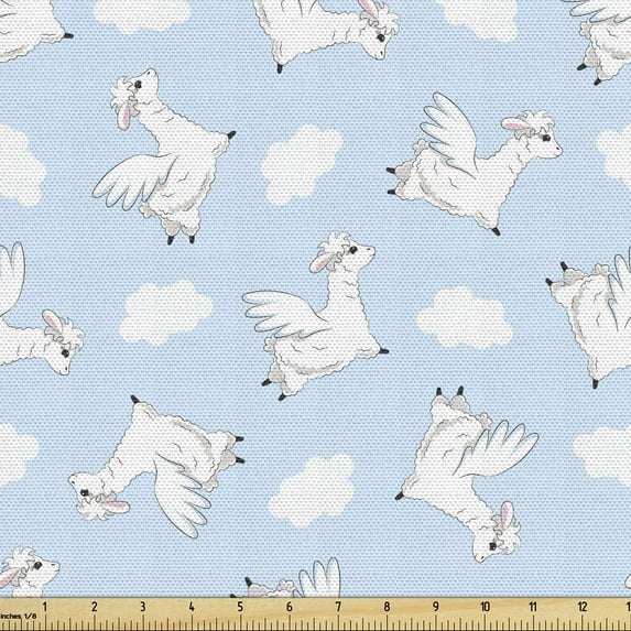 Ambesonne Mexican Fabric by the Yard Upholstery, Flying Llamas Clouds Art, 1 Yard, Soft Blue White and Pink