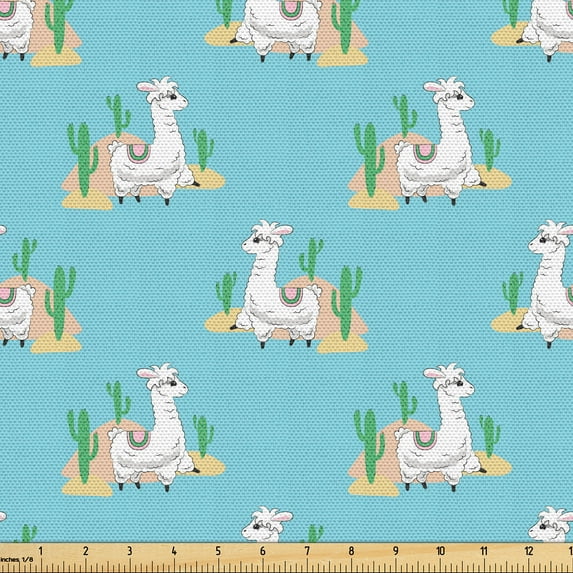 Ambesonne Mexican Fabric by the Yard Upholstery, Llamas in Horsecloth Art, 2 Yards, Pale Sky Blue and Peach