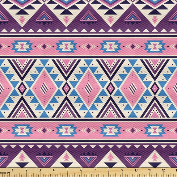 Ambesonne Mexican Fabric by the Yard Upholstery, Minimalist Aztec Vintage, 3 Yards, Pastel Pink Sea Blue