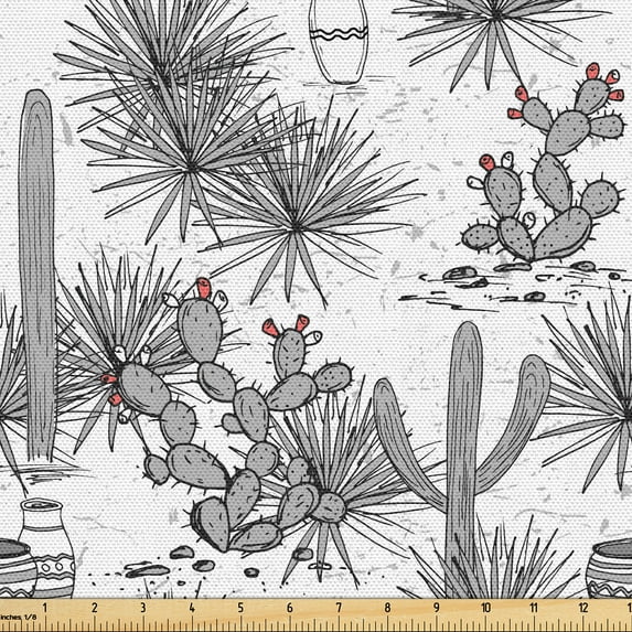 Ambesonne Mexican Fabric by the Yard Upholstery, Regional Cacti Plants Pots, 5 Yards, White Dimgray Coral