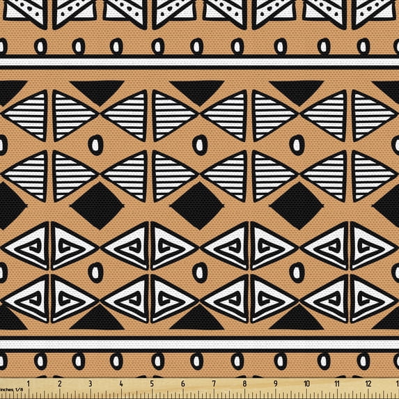Ambesonne Mexican Fabric by the Yard Upholstery, Rhombus Triangle Vintage, 3 Yards, Dark Peach White and Grey