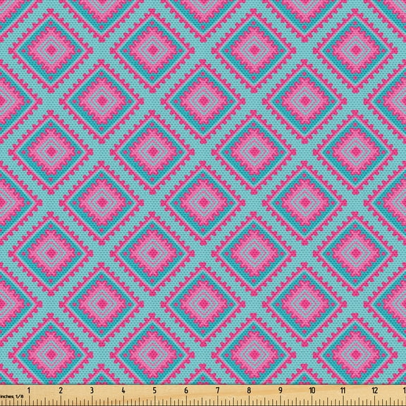 Ambesonne Mexican Fabric by the Yard Upholstery, Square Like Tribal Print, 3 Yards, Hot Pink Seafoam and Blue