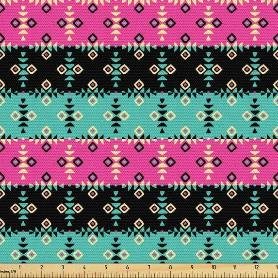 Ambesonne Mexican Fabric by the Yard Upholstery, Triangle Square Aztec Print, 3 Yards, Hot Pink and Turquoise