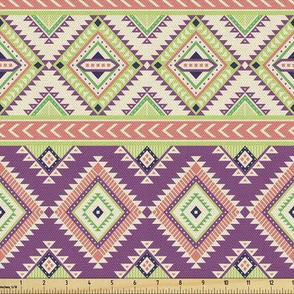 Ambesonne Mexican Fabric by the Yard Upholstery, Triangle Square Tribal Art, 5 Yards, Salmon and Avocado Green