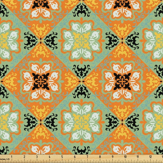Ambesonne Mexican Fabric by the Yard Upholstery, Vibrant Tones Talavera Art, 5 Yards, Orange Pistachio Green