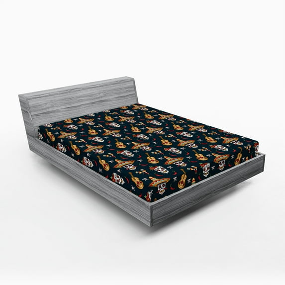 Ambesonne Mexican Fitted Sheet 2 Pcs Set, Skull Sombrero Chili, King, Multicolor