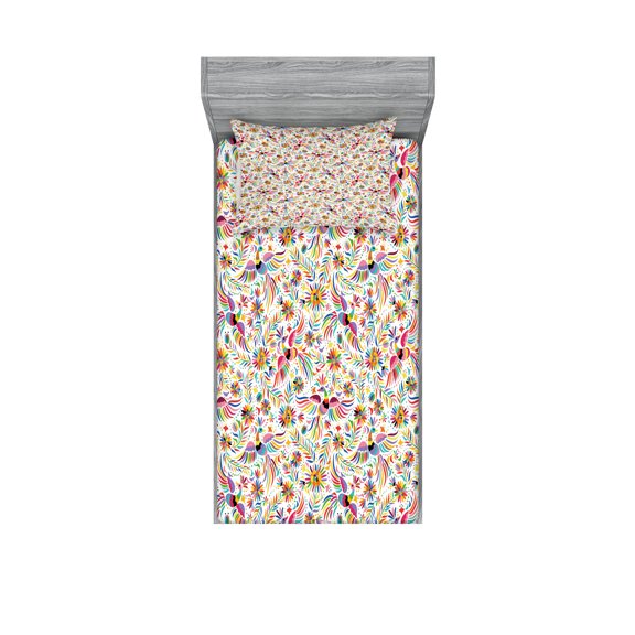 Ambesonne Mexican Fitted Sheet & Pillow Sham Set, Colorful Nature Ethnic, Twin, Multicolor
