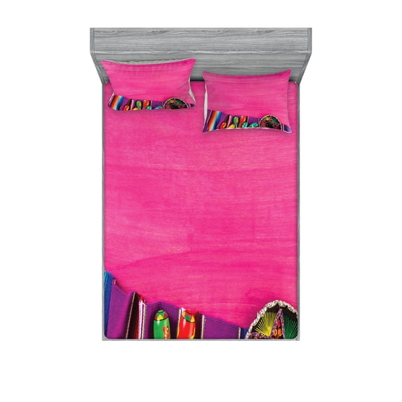 Ambesonne Mexican Fitted Sheet & Pillow Sham Set, Folkloric Serape Blanke, Queen, Fuchsia Purple