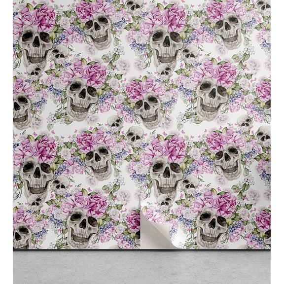 Ambesonne Mexican Floral Peel & Stick Wallpaper for Home, Skulls Peonies Rose, 13"x36", Lilac Pearl Reseda Green