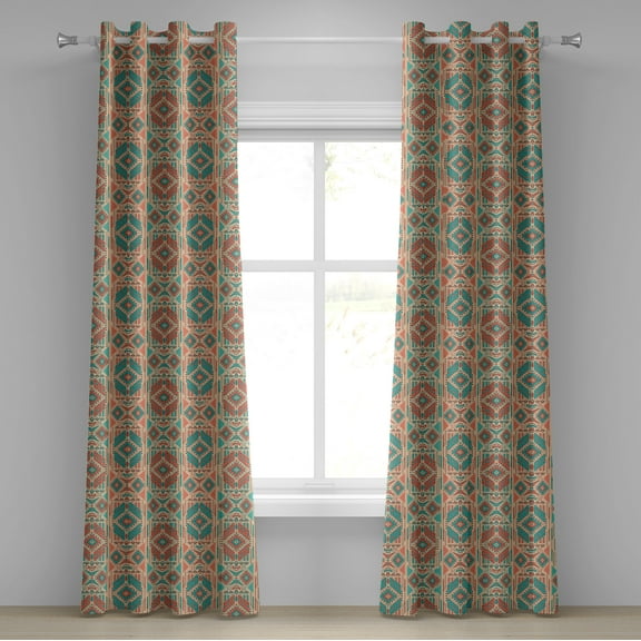 Ambesonne Mexican Grommet Curtain, Vintage Geometric Motif, 50" x 96", Sea Green Dark Coral