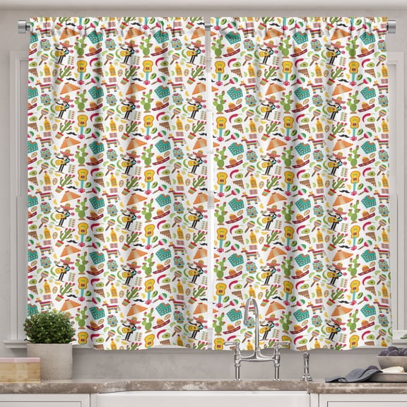 Ambesonne Mexican Kitchen Curtains, Day of the Dead Cartoons, 55"x24", White Multicolor