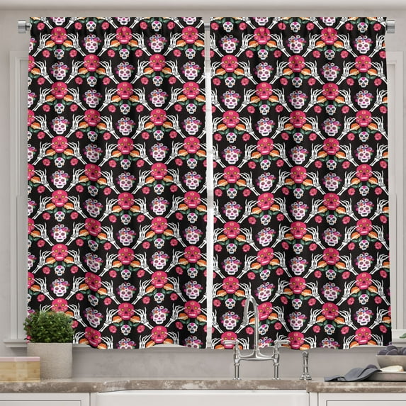 Ambesonne Mexican Kitchen Curtains, Sugar Skulls Flowers Hands, 55"x36", Pink Jade Green and Apricot