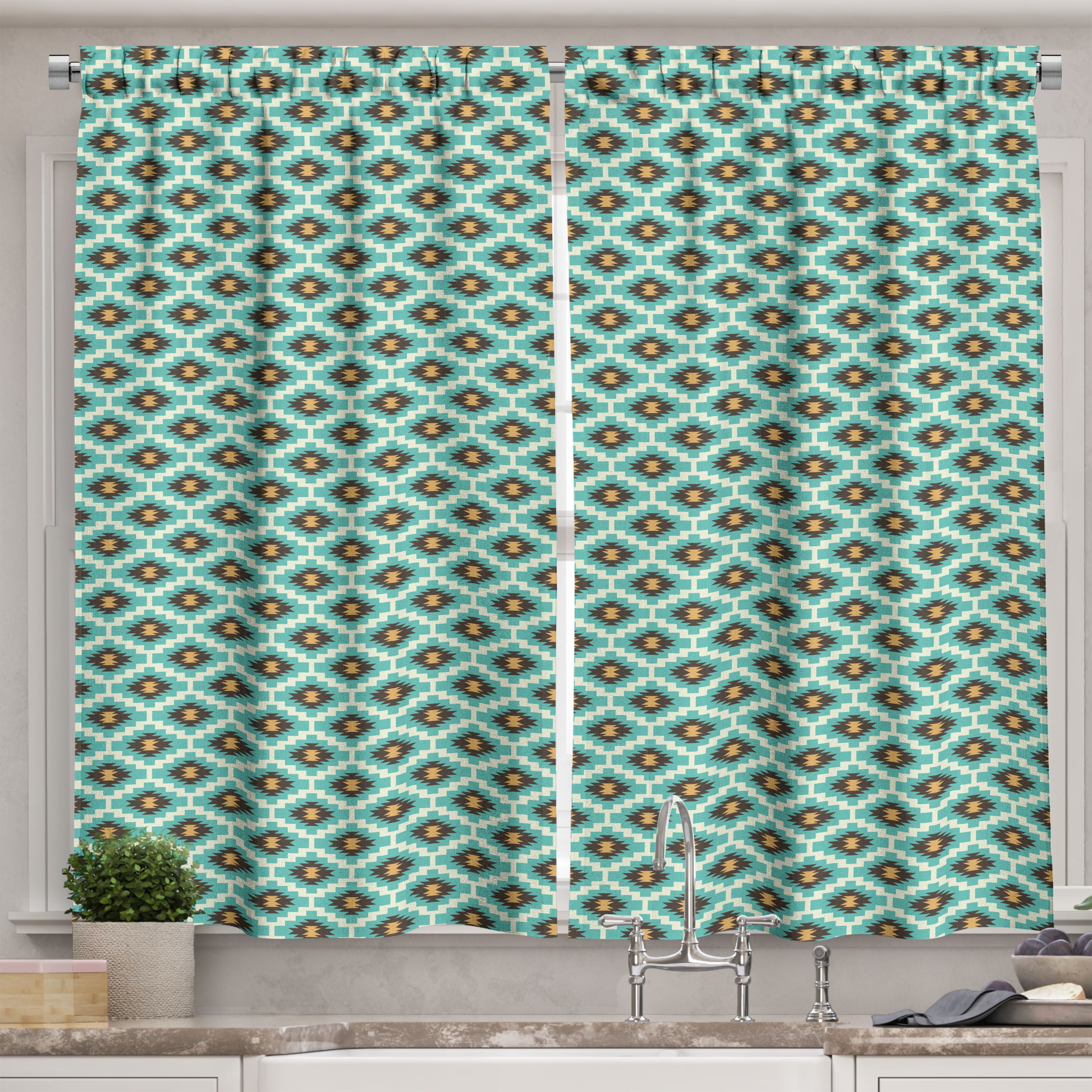 Vintage Geometric Light-Filtering Blue Polyester Kitchen Curtain Set