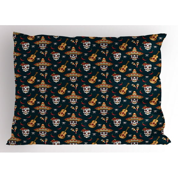 Ambesonne Mexican Pillow Sham, Skull Sombrero Chili, 26" X 20", Multicolor
