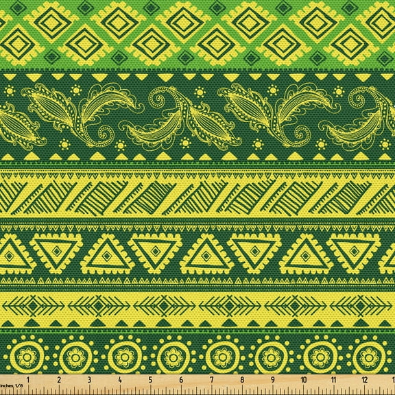Ambesonne Mexican Print Fabric by the Yard Upholstery, Oriental Hand Drawn, 2 Yards, Yellow Hunter Green