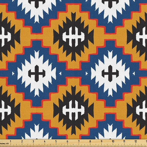 Ambesonne Mexican Print Fabric by the Yard Upholstery, Simplistic Ethnic Art, 1 Yard, Orange Dark Sky Blue