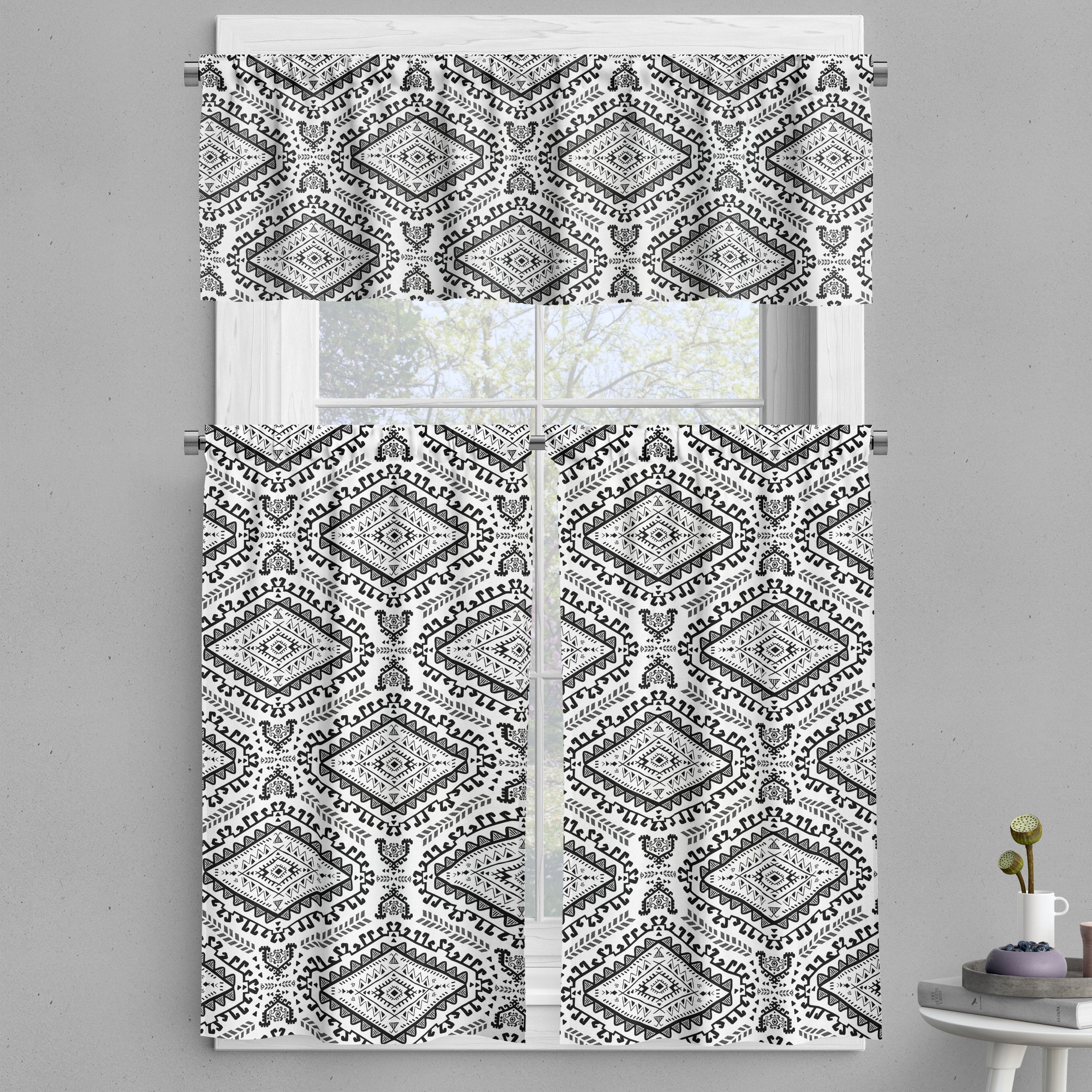 Ambesonne Mexican Print Valance & Curtain, Monochrome Tribal Art, 55