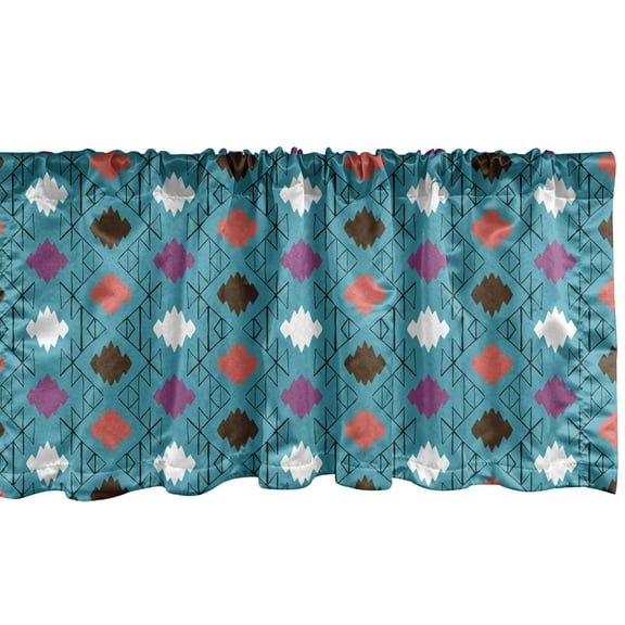 Ambesonne Mexican Print Window Valance, Pattern of Scribble Diagonal Squares Motif, Curtain Valance for Kitchen Bedroom Decor with Rod Pocket, 54" X 18", Sea Blue Dark Coral