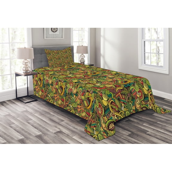 Ambesonne Mexican Quilted Bedspread Set 2 Pcs, Cartoon Cultural Doodle, Twin Size, Multicolor