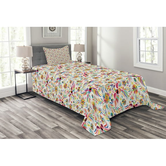 Ambesonne Mexican Quilted Bedspread Set 2 Pcs, Colorful Nature Ethnic, Twin Size, Multicolor