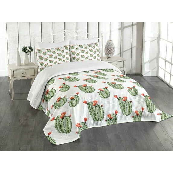 Ambesonne Mexican Quilted Bedspread Set 3 Pcs, Cactus Plant Desert, Queen Size, Green and Orange