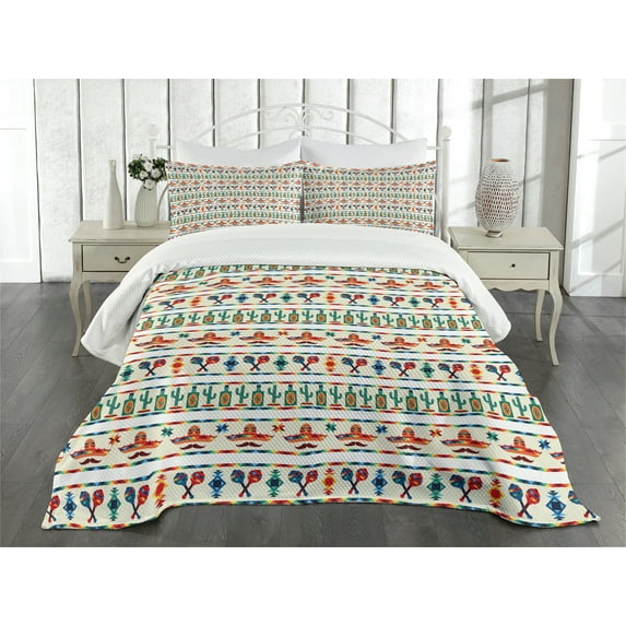 Ambesonne Mexican Quilted Bedspread Set 3 Pcs, Native Cultural Borders, King Size, Multicolor