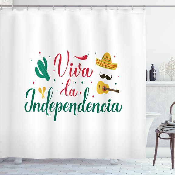 Ambesonne Mexican Shower Curtain, Independence Day Hat Guitar, 69"Wx70"L, Dark Coral Forest Green