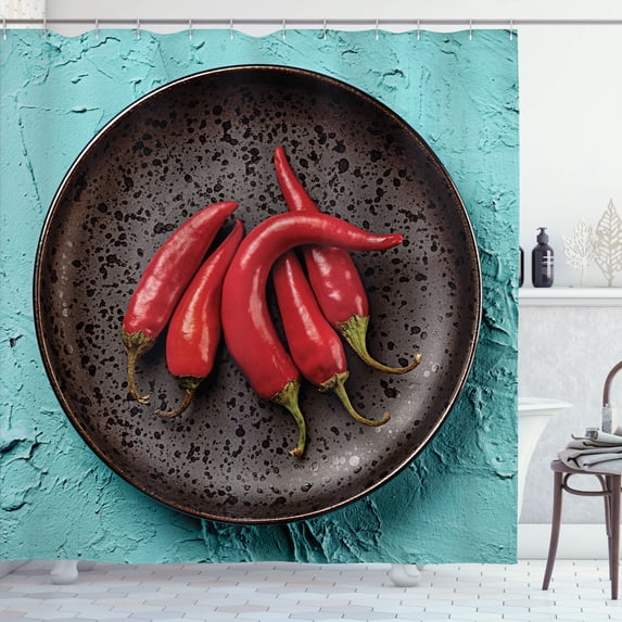 Ambesonne Mexican Shower Curtain, Red Hot Peppers on Rustic, 69"Wx84"L, Ruby Seafoam Dark Grey