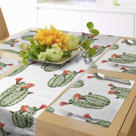 Ambesonne Mexican Table Runner & Placemats, Cactus Plant Desert, Placemat 4 pcs + Runner 12"x90", Green and Orange