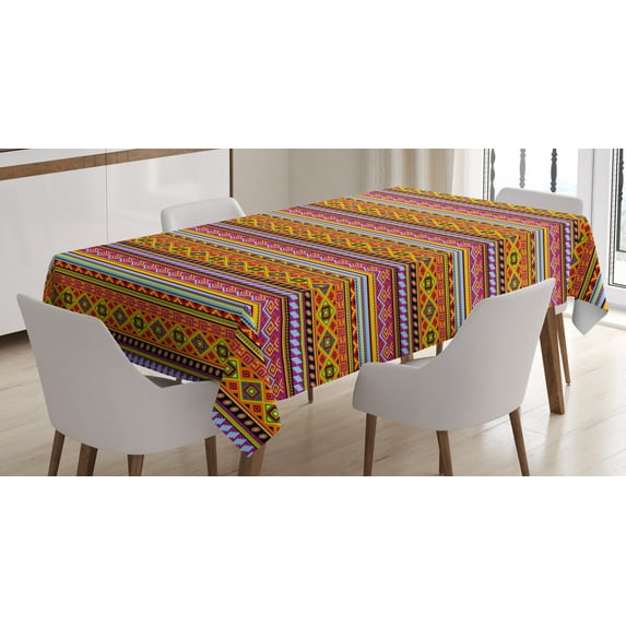Ambesonne Mexican Tablecloth Rectangular Table Cover, Folk Vintage Geometric, 52"x70", Multicolor