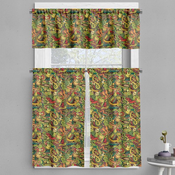 Ambesonne Mexican Valance & Curtain, Cartoon Cultural Doodle, 55"x30", Multicolor
