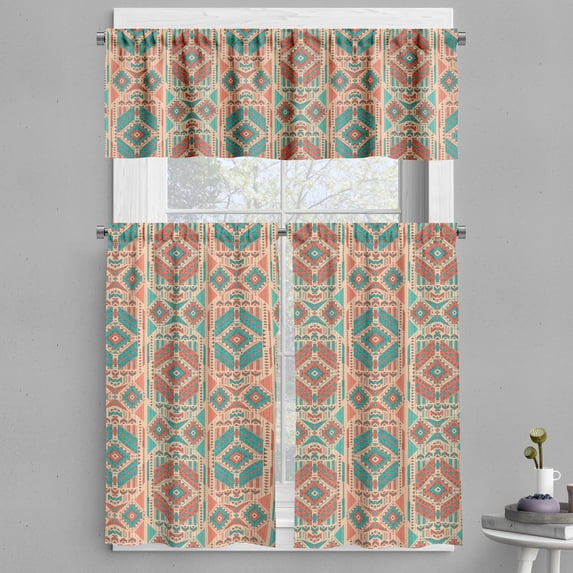 Ambesonne Mexican Valance & Curtain, Vintage Geometric Motif, 55"x30", Sea Green Dark Coral