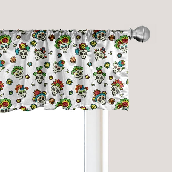 Ambesonne Mexican Window Valance, Dead Sugar Skull Flowers, 54" X 18", Multicolor
